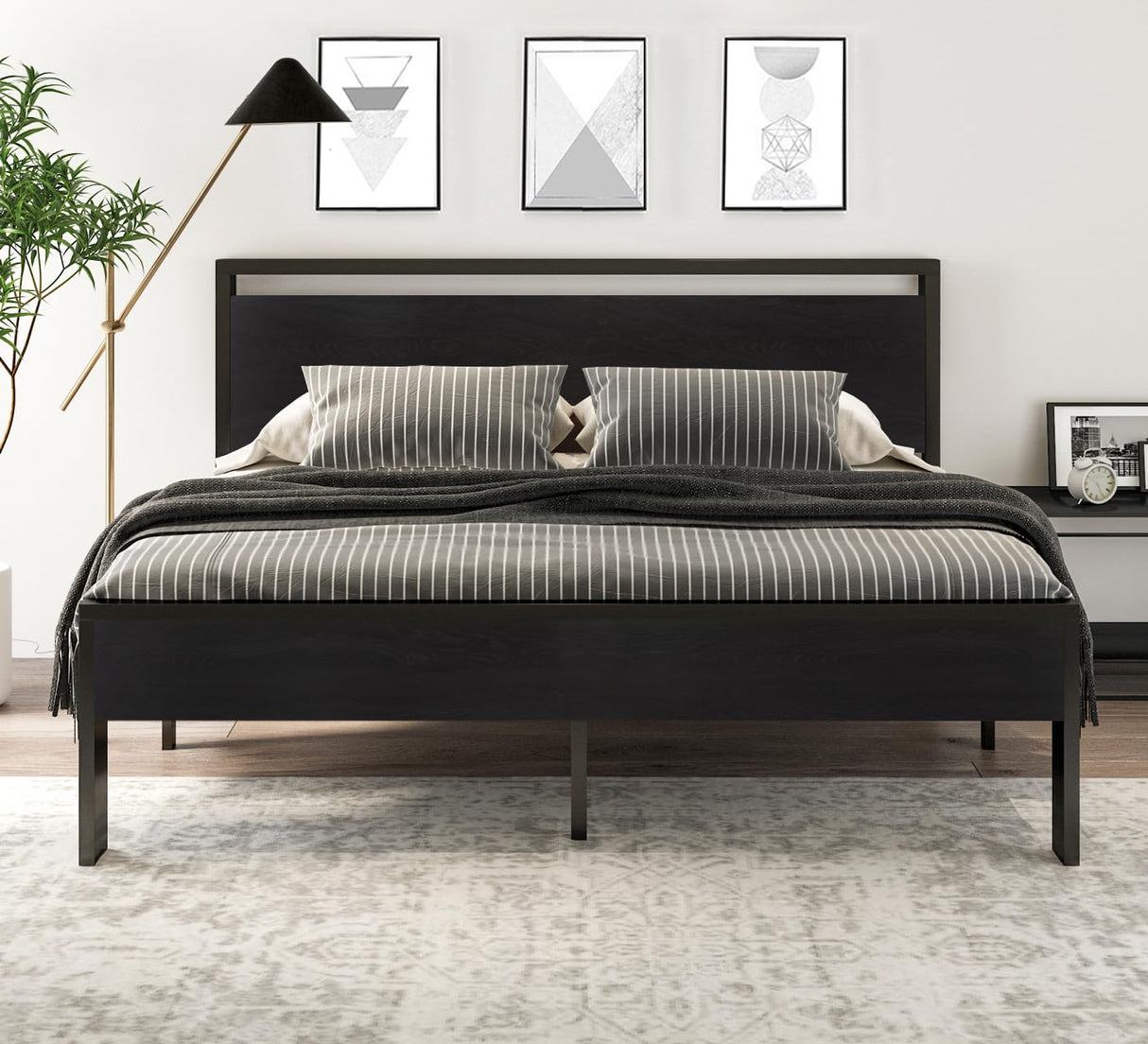 SHA CERLIN 14 Inch King Size Metal Platform Bed Frame with Wooden Headboard and Footboard, Mattress Foundation, No Box Spring Needed, Large Under Bed Storage, Black Oak SHA CERLIN