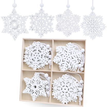 16 Pieces White Snowflakes Ornaments 3inch Wooden Snowflake Christmas Ornament for Winter Home Tree Garland Christmas Decoration Holiady Crafts 8 Styles