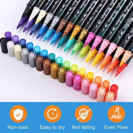 TOSHARE 30 Colors Acrylic Paint Markers, Waterproof Dual Tip Acrylic Paint Pens with Brush and Fine Tip, Markers Set for Paper, Rock, Wood, Canvas, Glass, Ceramic and DIY Crafts Making Art Supplies TOSHARE
