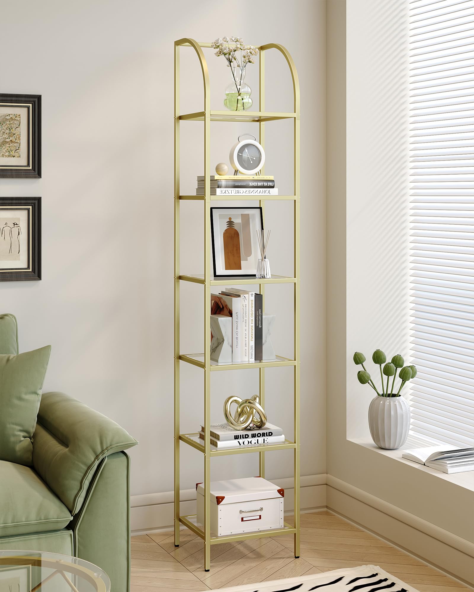 Hzuaneri Gold Arched 6-Tier Tempered Glass Bookshelf for Elegant Storage - WoodArtSupply