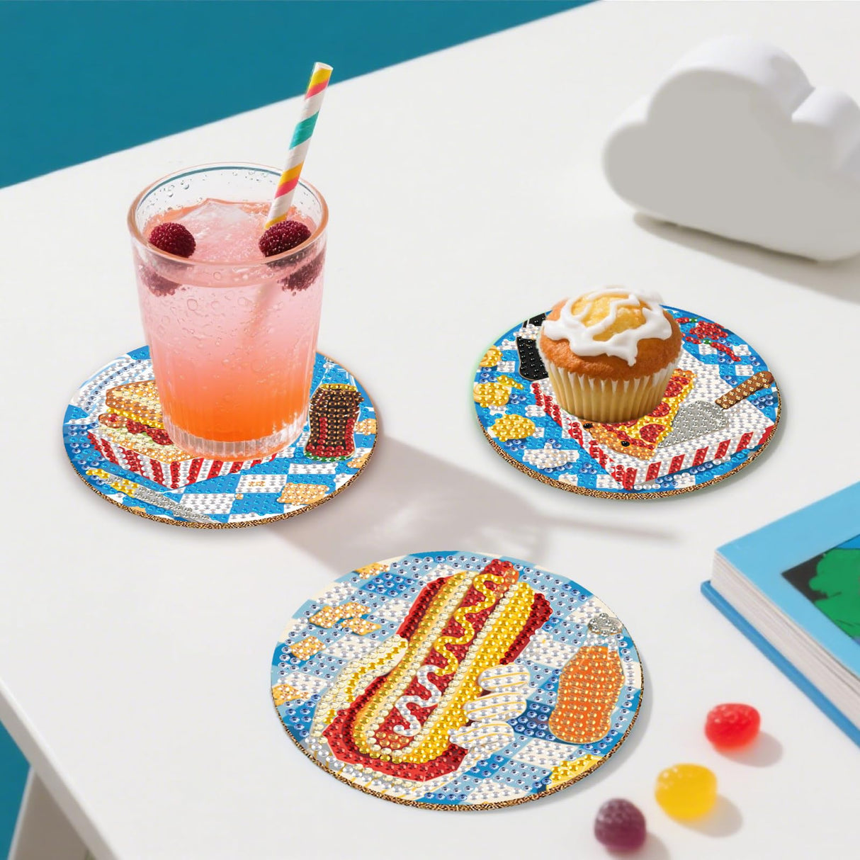 DOTZSO 8 Pcs Delicious Food Diamond Art Coaster Kits with Holder,Diamond Painting Coasters for Adults Beginners,Party Home Decor Abstract,Fun Gifts for Women DOTZSO