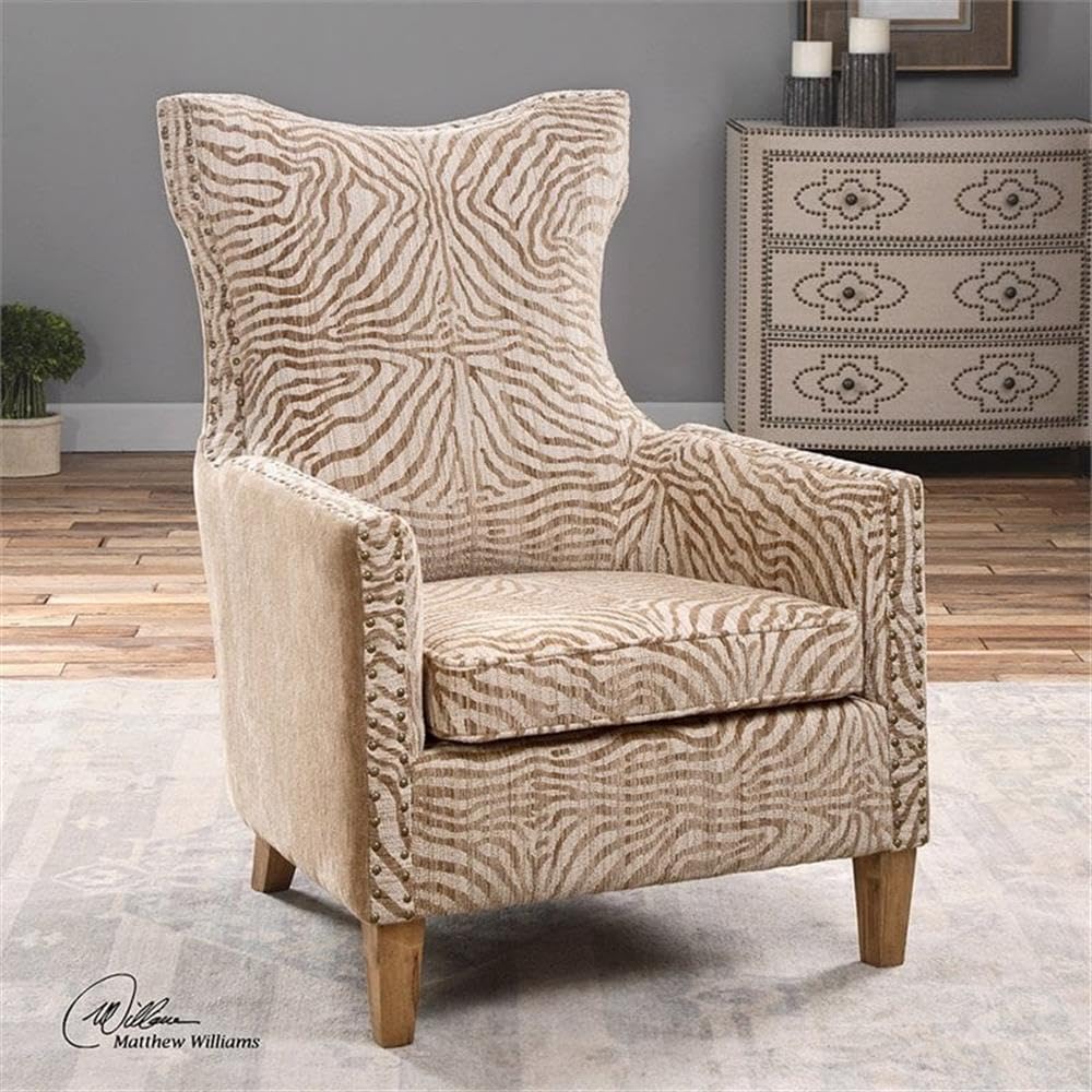 BOWERY HILL Traditional Fabric/Wood Animal Pattern Armchair in Brown BOWERY HILL