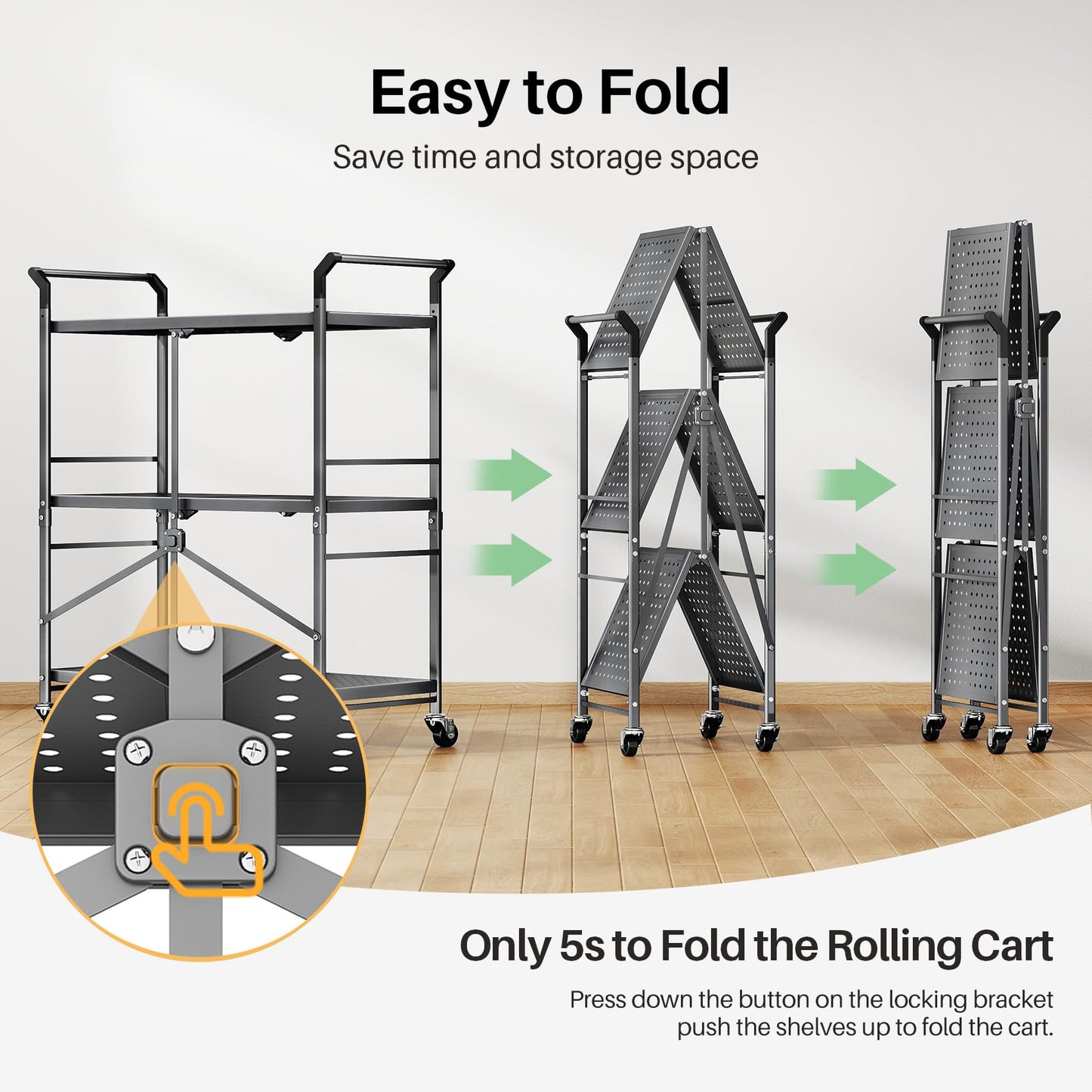 Rolling Utility Cart Folding Cart with Wheels - 3 Tier Collapsible Metal Cart, Large Capacity - WoodArtSupply