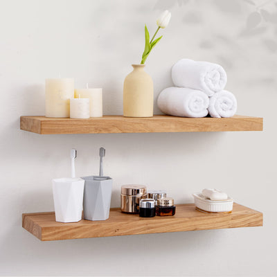 Axeman Floating Shelves, 8 Inch Deep Rustic Solid Elm Wood Wall Shelves for Storage, Wall Mounted Display Shelving with Invisible Heavy-Duty Metal Bracket, 24 Inch Width Set of 2, Natural