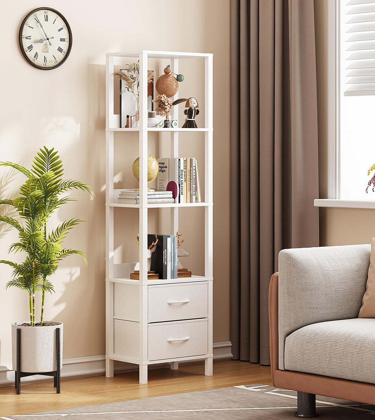 VIMBER Tall Bookshelf with Drawers, 6-Tier Bookcase for Books, Garage Kit, CDs, Movies, Modern Standing Bookshelves Storage Organizer for Bedroom Office Living Room White USSJ002W VIMBER