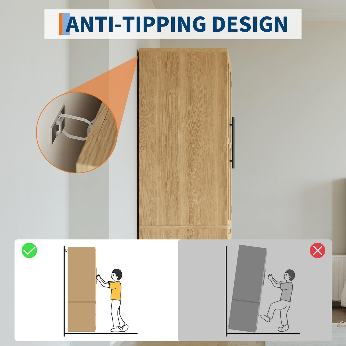 GarveeHome Bedroom Wooden Armoire Wardrobe Closet, Freestanding Large Wardrobe Armoire Cabinet with Glass Doors and 2 Drawers, Shelves & Hanging Rod for Bedroom, Clothes, Natural GarveeHome