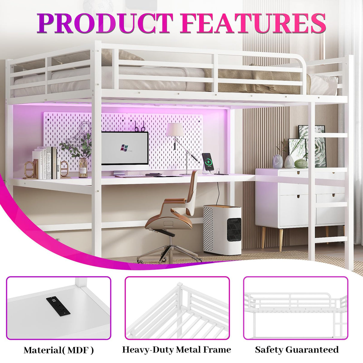 Sailret Metal Loft Bed Frame with Desk, Power Outlet & USB Charging, LED Lights, Noise-Free Sturdy High Loft Dorm Bed with Guardrails & Ladder, Space-Saving Design -Queen, White Sailret