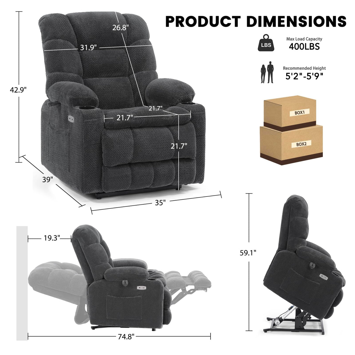 EONIX Dual Motor Lay Flat Power Lift Recliner Chair for Elderly with Heat and Massage, Electric Lift Chairs with Cup Holders for Living Room, 400lbs Heavy Duty, Plush Fabric, SLRY001060, Dark Grey EONIX