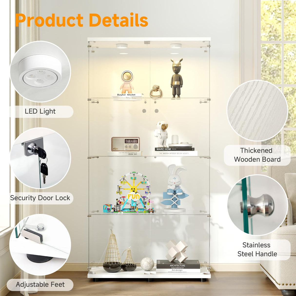 Zevemomo Tempered Glass Display Cabinet with Lights, 4-Tier Curio Cabinet with Glass Doors and Lock, Glass Display Case for Collectibles, for Living Room, Bedroom, Office, White, Double Door Zevemomo