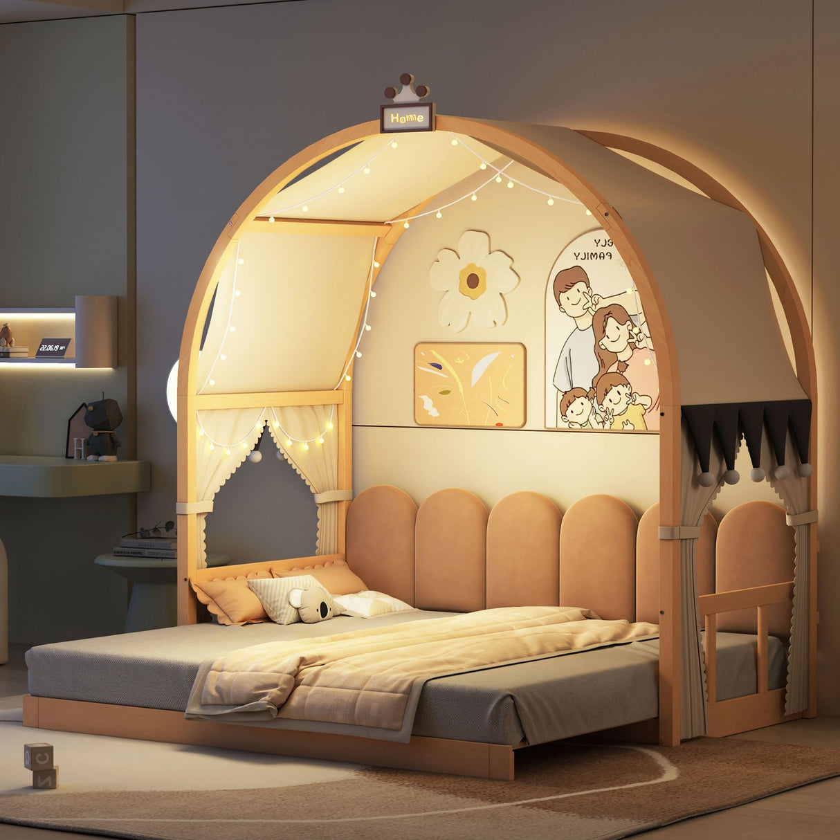 Polibi Twin Size Extended Bed with Arched Canopy, Trundle and Light Strip, Wooden Canopy Bed with Whiteboard (Natural) Polibi