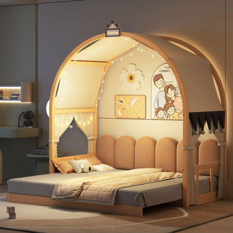 Polibi Twin Size Extended Bed with Arched Canopy, Trundle and Light Strip, Wooden Canopy Bed with Whiteboard (Natural) Polibi