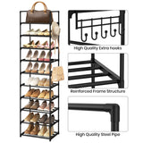WEXCISE Narrow Shoe Rack 10 Tiers Tall Shoe Rack for Entryway 20 24 Pairs Shoe & Boots Organizer Storage Shelf Durable Black Metal Stackable Shoe Cabinet with Hooks, 17.1D x 11.8W x 78.7H in WEXCISE