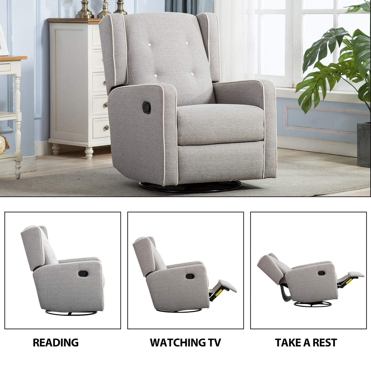 CANMOV Swivel Rocker Recliner Chair, Rocking Chair Nursery Glider Recliner, Manual Glider Chair for Nursery (Gray) CANMOV