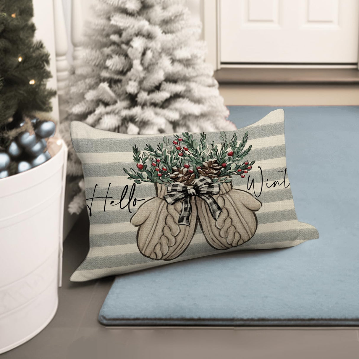 Fjfz Hello Winter Gloves Gray Lumbar Decorative Throw Pillow Cover 12 x 20, Rectangular Red Berry Gray Stripe Outdoor Home Decor, Plaid Bow Pine Cone Christmas Holiday Seasonal Farmhouse Cushion Case Fjfz