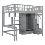 Full Loft Beds Stairway Loft Bed Frame with Wardrobe, Desk, Bookcase and Drawers, Gray Merax