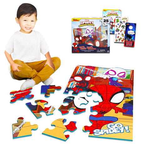Spidey and His Amazing Friends Floor Puzzle Set - Bundle with 25 Piece Spiderman Foam Puzzle Plus Stickers, Tattoos, More | Spidey and Friends Jigsaw Puzzle for Kids Spider-Man