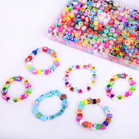 1000PCS Polymer Clay Beads Bracelet Making kit, 24 Style Cute Fun Beads Fruit Flower Animal Cake Butterfly Heart Beads Charms for Jewelry Necklace Earring Making DIY Accessories for Women Girls BBita
