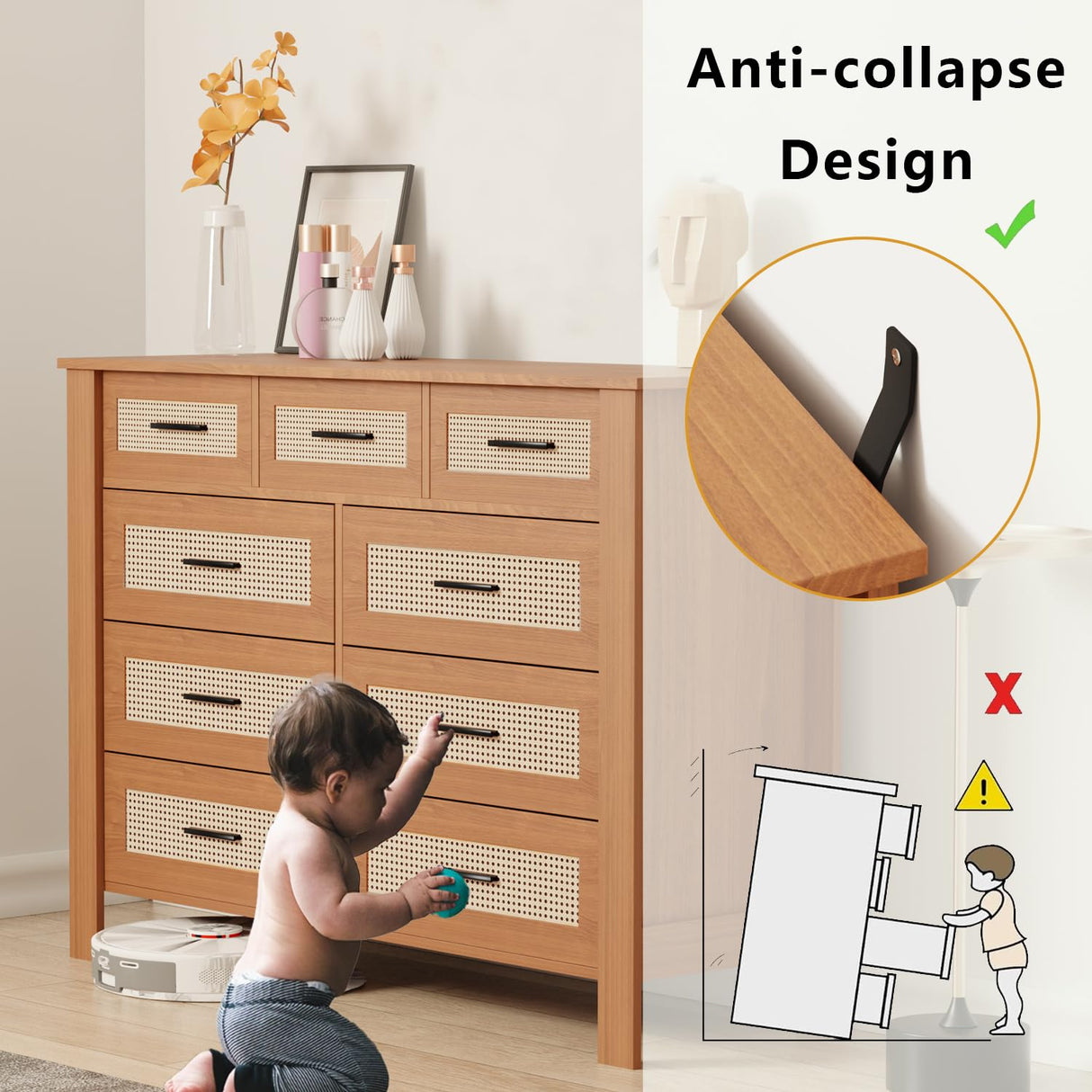 9 Drawer Dresser for Bedroom, Rattan Chest of Dressers, Modern Boho Wooden Dresser Chest with Mental Handles, Living Room and Entryway Loreena