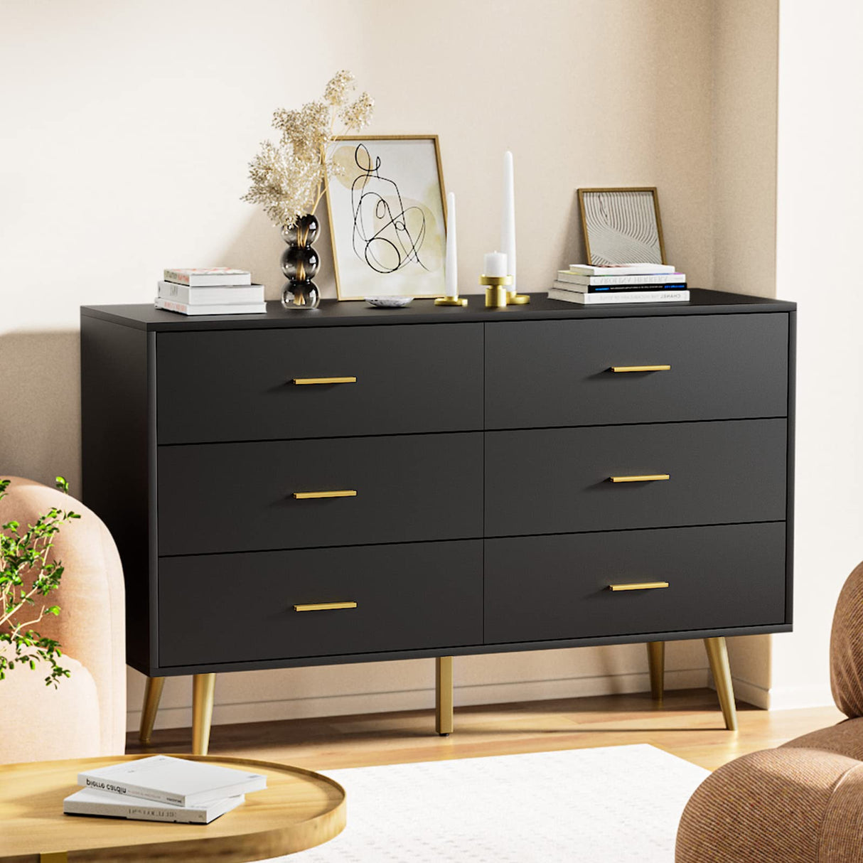 RESOM Black 6 Drawer Dresser for Bedroom, Wooden Black Double Dresser with Gold Handles, Modern Chest Dresser with Deep Drawers for Living Room, Hallway RESOM