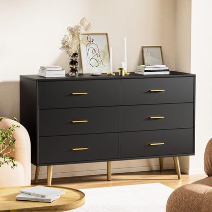 RESOM Black 6 Drawer Dresser for Bedroom, Wooden Black Double Dresser with Gold Handles, Modern Chest Dresser with Deep Drawers for Living Room, Hallway - WoodArtSupply