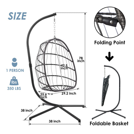 Yechen Indoor Outdoor Egg Hanging Chair with Stand, Patio Wicker Swing Egg Chair Indoor Swinging Chair Outdoor Hammock Egg Chair 350lbs Capacity for Patio Bedroom Balcony, Charcoal Grey (EG-001) Yechen