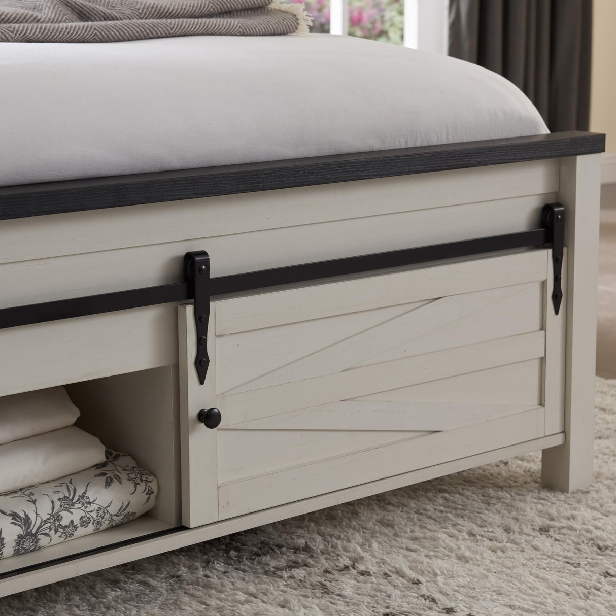 XIASLO Farmhouse Queen Bed Frame with Headboard, Sliding Barn Door Storage Cabinets, Sturdy Wood Slats Support, No Box Spring Needed, Noisy Free, Easy Assembly, White Oak XIASLO