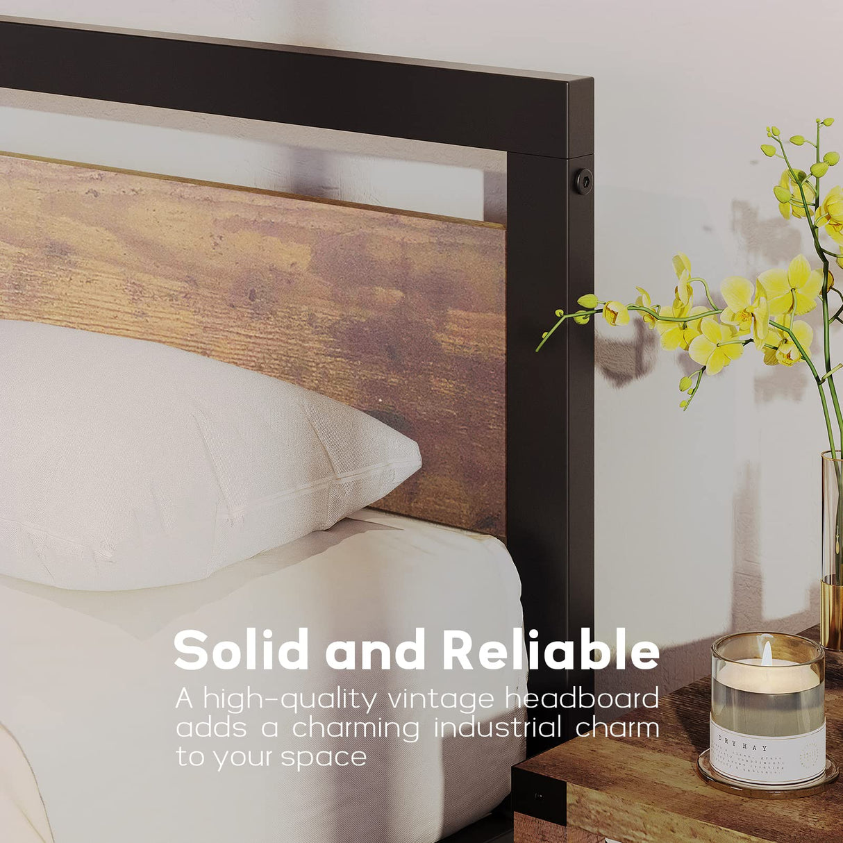 GAOMON Industrial King Size Bed Frame with Wooden Headboard and Sturdy Slat Support GAOMON