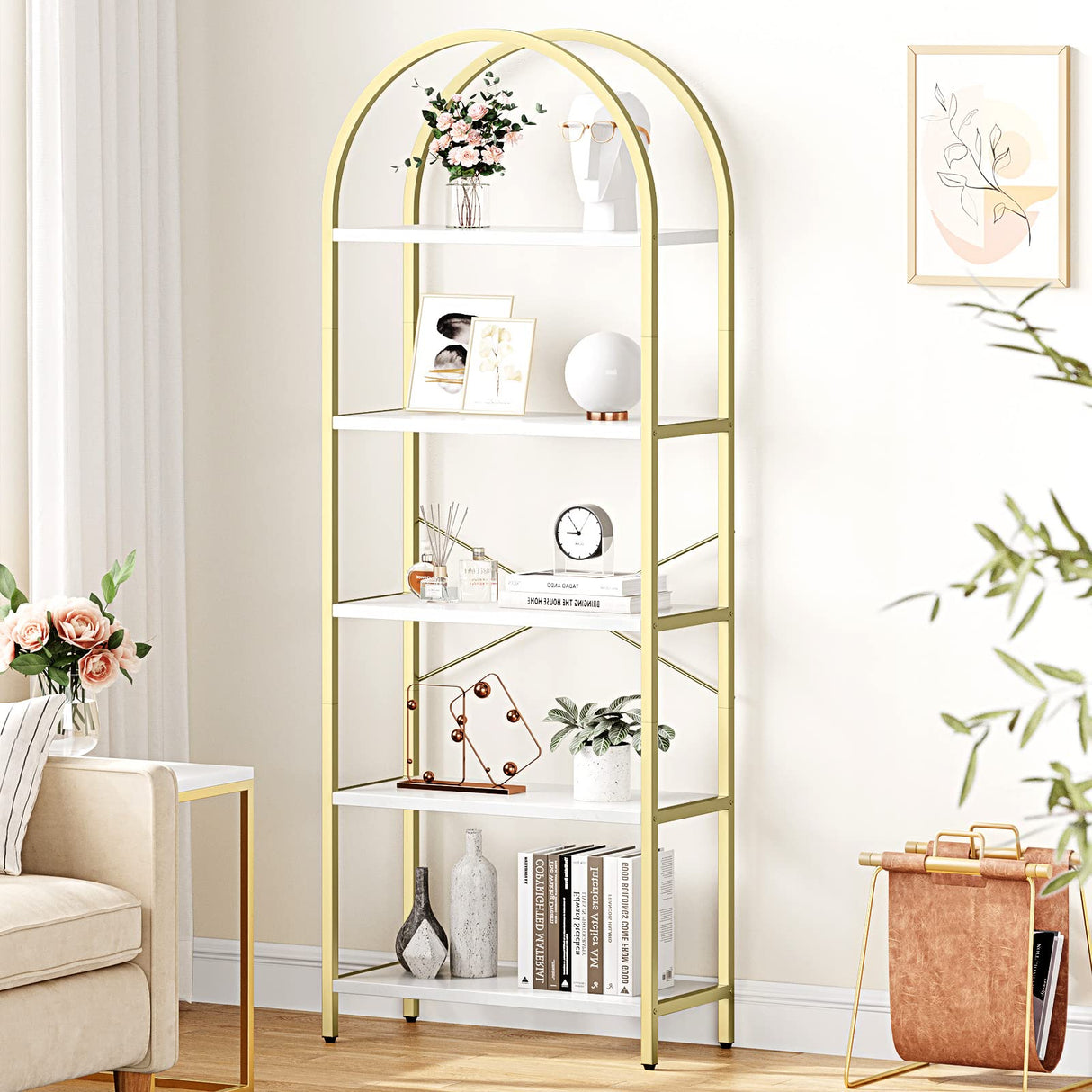 IDEALHOUSE Bookshelf 5 Tier Bookcase Arched Display Racks Tall Standing Bookshelves Metal Frame Modern Storage Rack Shelf Large Wood Book Shelf for Bedroom, Living Room, Home Office, White/Gold IDEALHOUSE