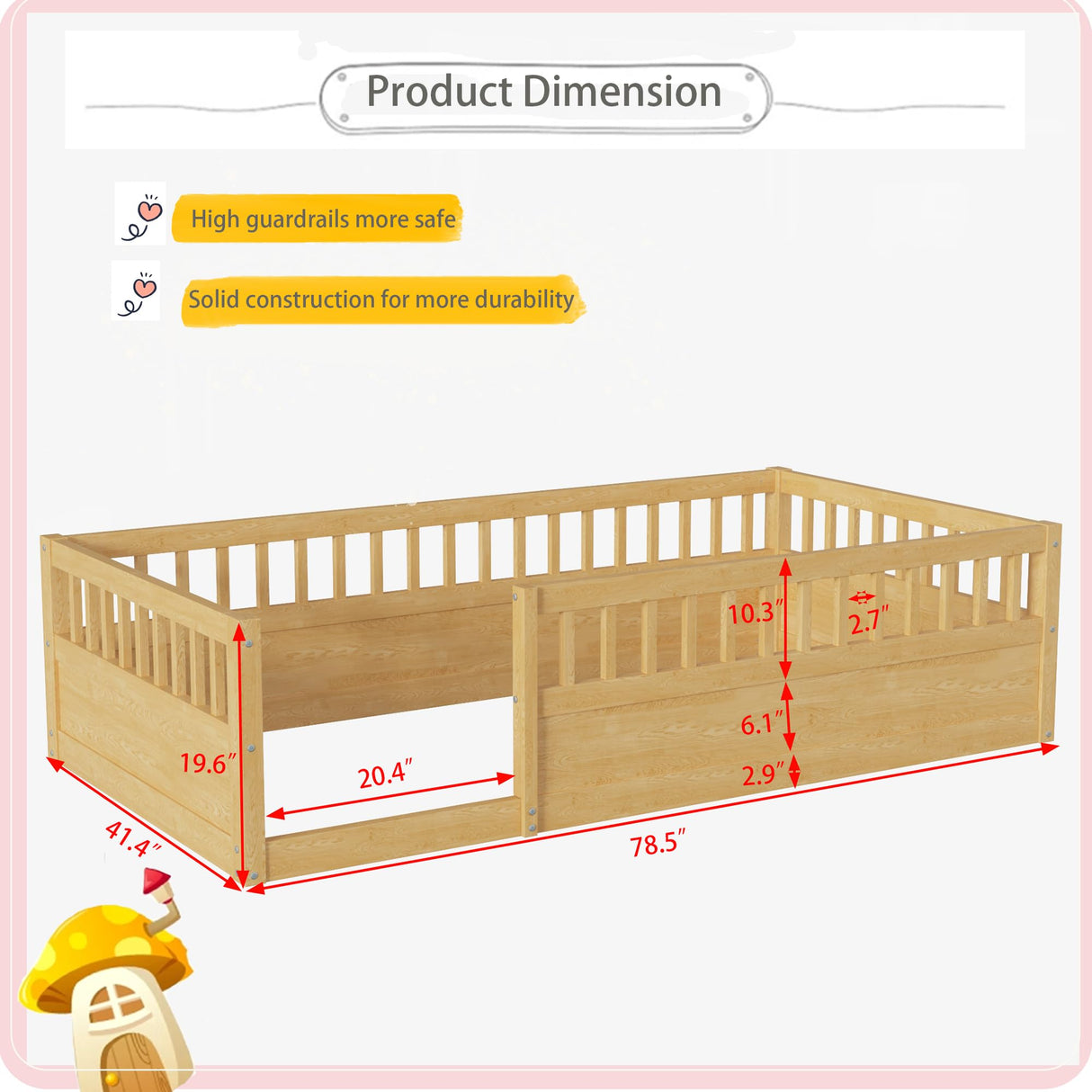 Mirightone Twin Size Montessori Floor Bed with High Fence Railings – Natural Wood Playhouse Design for Kids Mirightone