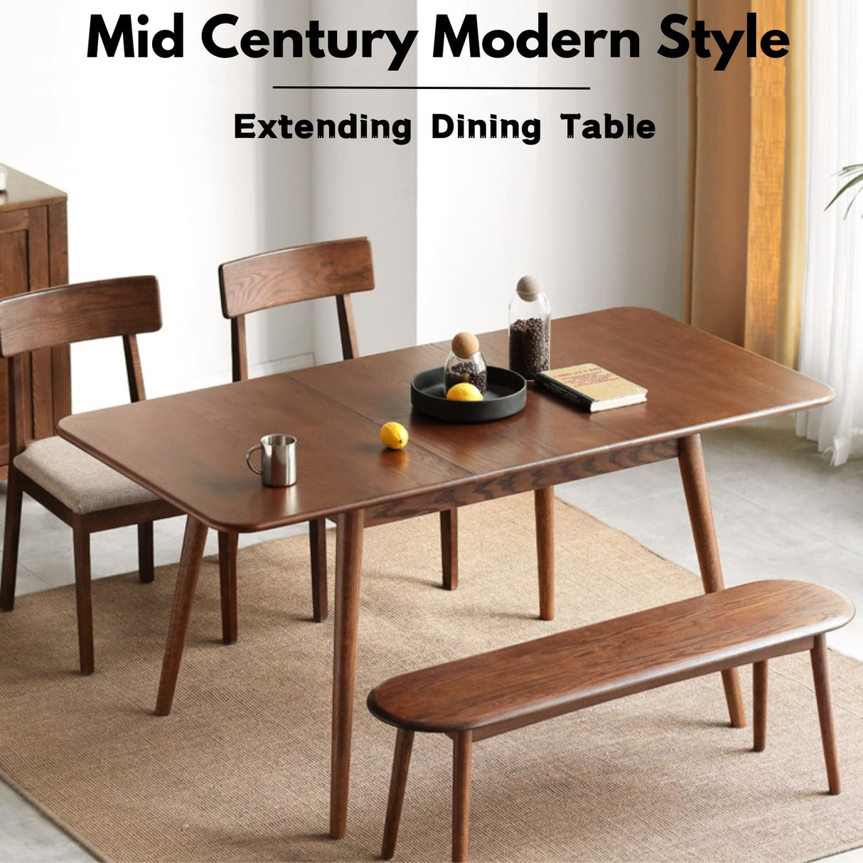 Grewood Extendable Dining Table - 100% Natural Oak Wood Telescopic Dining Table for 6-8 - Modern Dining Table with 47.24-63inch for Kitchen Room,Dining Room,Apartment (Walnut Color) Grewood
