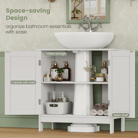 Iwell Pedestal Sink Storage Cabinet with 2 Doors and Shelf, Under Sink Cabinet, Bathroom Sink Cabinet, Space Saver Organizer with U-Shape, White Iwell