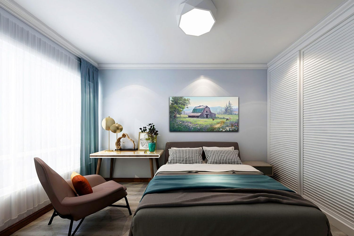 Acocifi Large Farmhouse Wall Decor Barn Cow Picture Canvas Wall Art Nature Flowers Landscape Painting, Green Scenery Textured Artwork Framed for Living Room Bedroom Bathroom Office Home Decor 40"x20" Acocifi