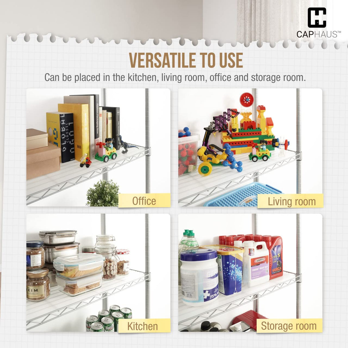 CAPHAUS NSF Commercial Heavy Duty 4 Tier Wire Shelving w/Two Trapezoid Baskets, Wheels, Leveling Feet, Storage Metal Shelf, Basement Garage Shelving Storage, Utility Wire Rack Storage Shelving Black CAPHAUS