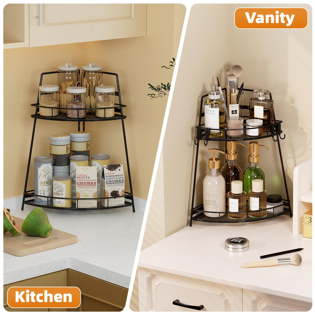 VITVITI 2 Tier Corner Bathroom Counter Organizer, Metal Bathroom Countertop Organizer Shelf Storage, Bath Room Sink Makeup Organizers for Vanity Perfume Skincare with Hooks, Black VITVITI