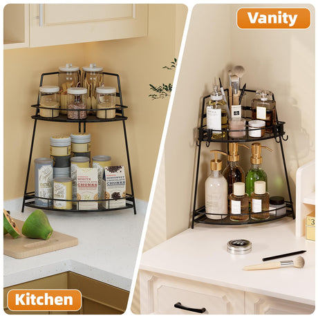 VITVITI 2 Tier Corner Bathroom Counter Organizer, Metal Bathroom Countertop Organizer Shelf Storage, Bath Room Sink Makeup Organizers for Vanity Perfume Skincare with Hooks, Black VITVITI