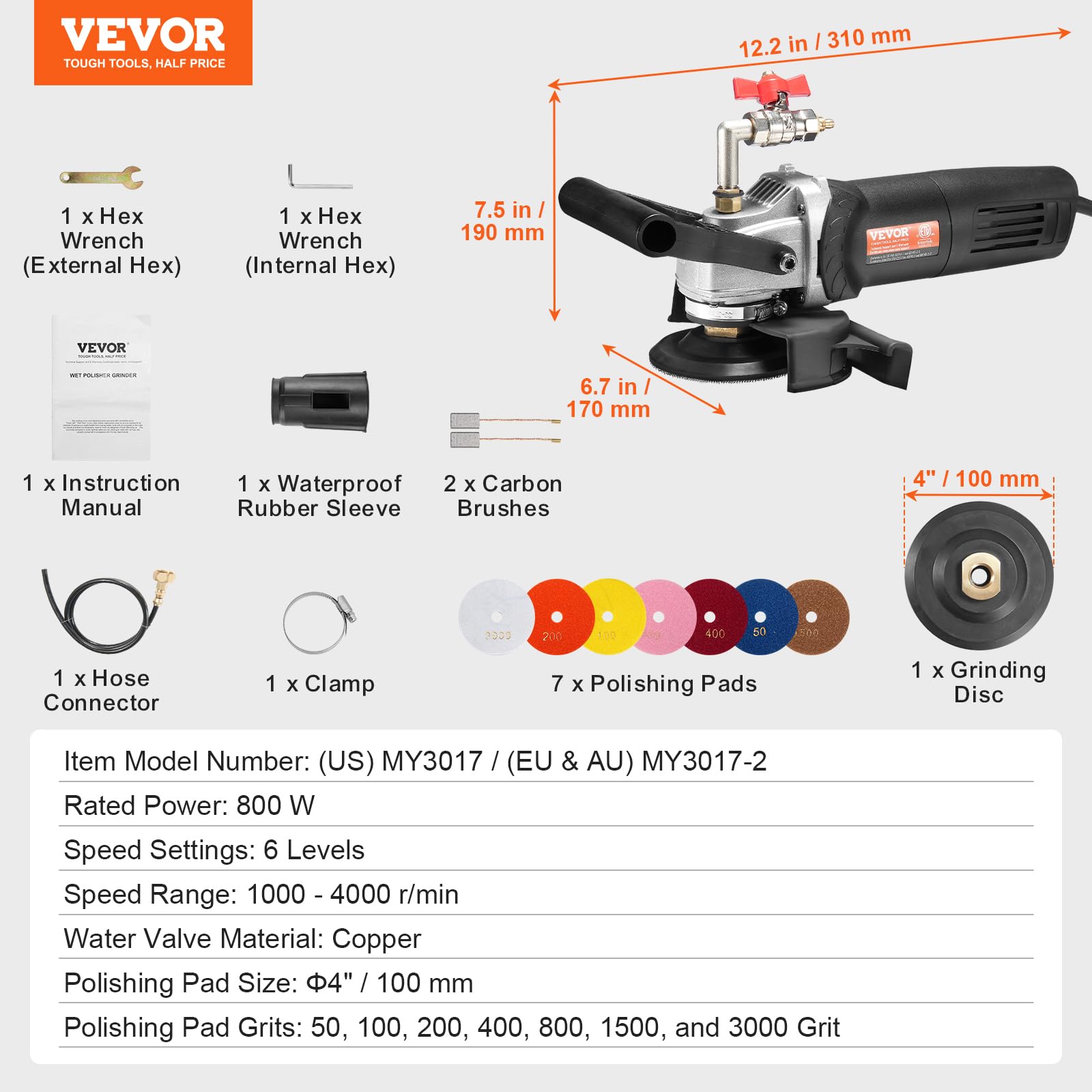 VEVOR Wet Polisher 800W, 4" Concrete Grinder with 6 Variable Speed and 7 Polishing Kits, Wet Grinder Machine for Marble, Granite, Stone, Rock, Tile, Equipped with a GFCI Switch, (1000 - 4000  - WoodArtSupply