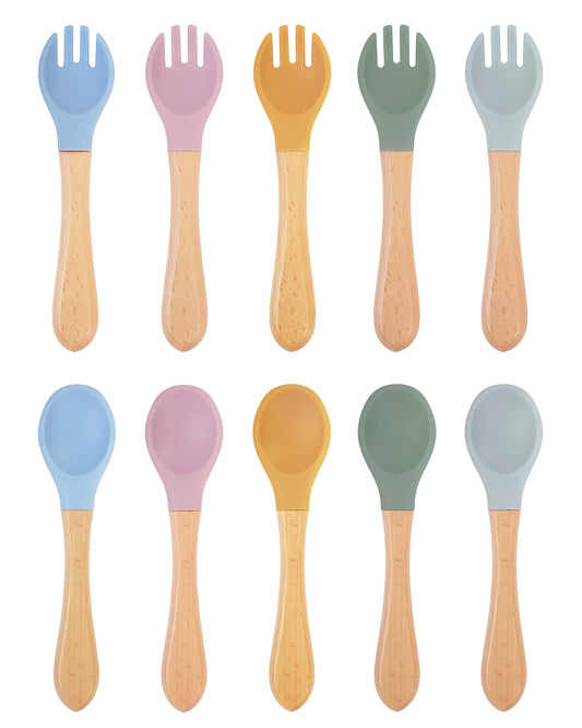 10 pcs Baby Spoons and Forks, First Stage Baby Led Weaning Spoons, Chewable Baby Utensils for Self-Feeding, Bamboo and Silicone Baby Utensils, Kids Utensils for Over 6 Months Babies