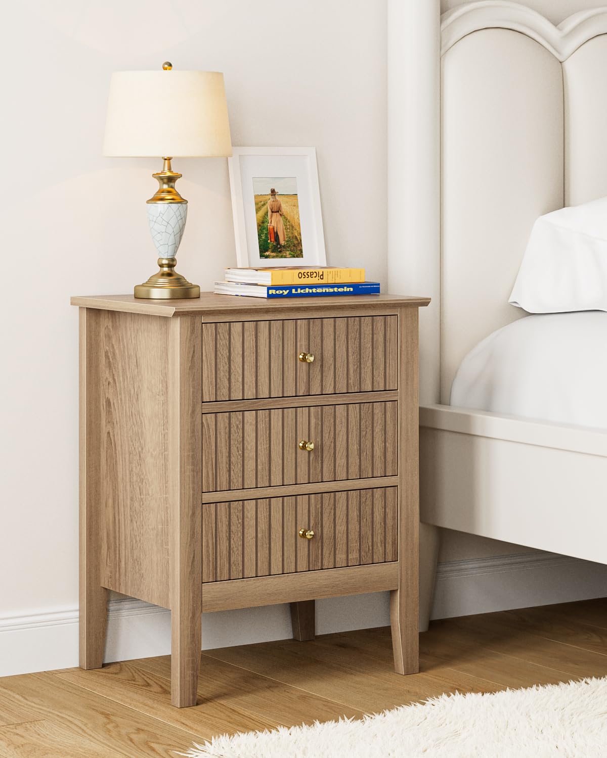 Apetaccat Fluted Nightstand, Farmhouse Night Stand with 3 Drawers, Mid Century Modern Side Accent Table,Bedside End Table for Bedroom, Living Room, Natural Apetaccat