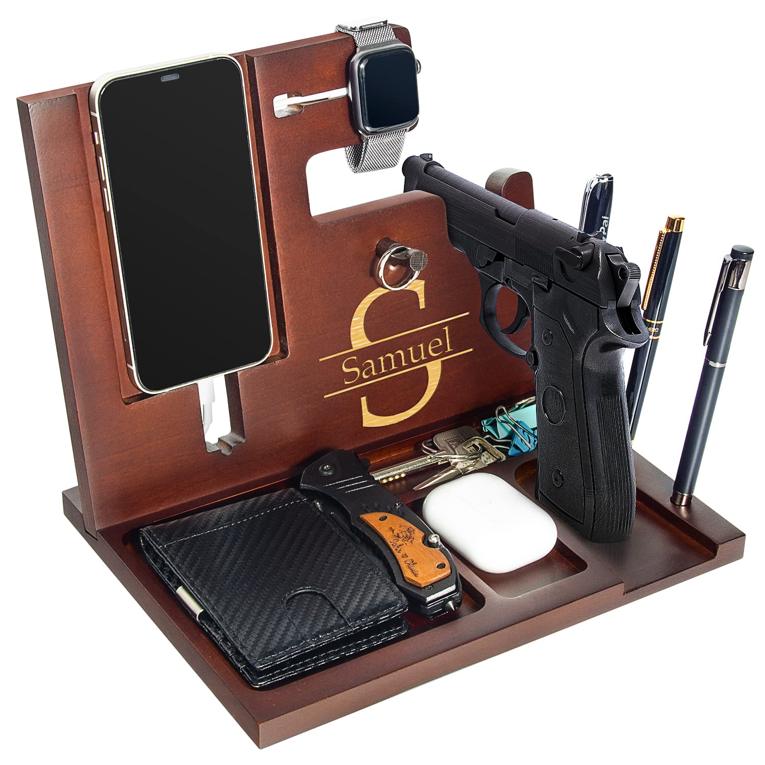 Police Officer Wood Docking Station, Nightstand Organizer for Men with Gun Holder, Pistol Rack, Phone Stand, iWatch Charging, Ring Holder, Pen Slot - Gifts for Police Officer, Husband, Boyfri - WoodArtSupply