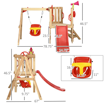 Outsunny 4-in-1 Wooden Swing Set, Kids Outdoor Playset with Swing, Slide, Horn, Steering Wheel, Toddler Playground Set for 18-48 Months, Kids Outdoor Play Equipment, Red