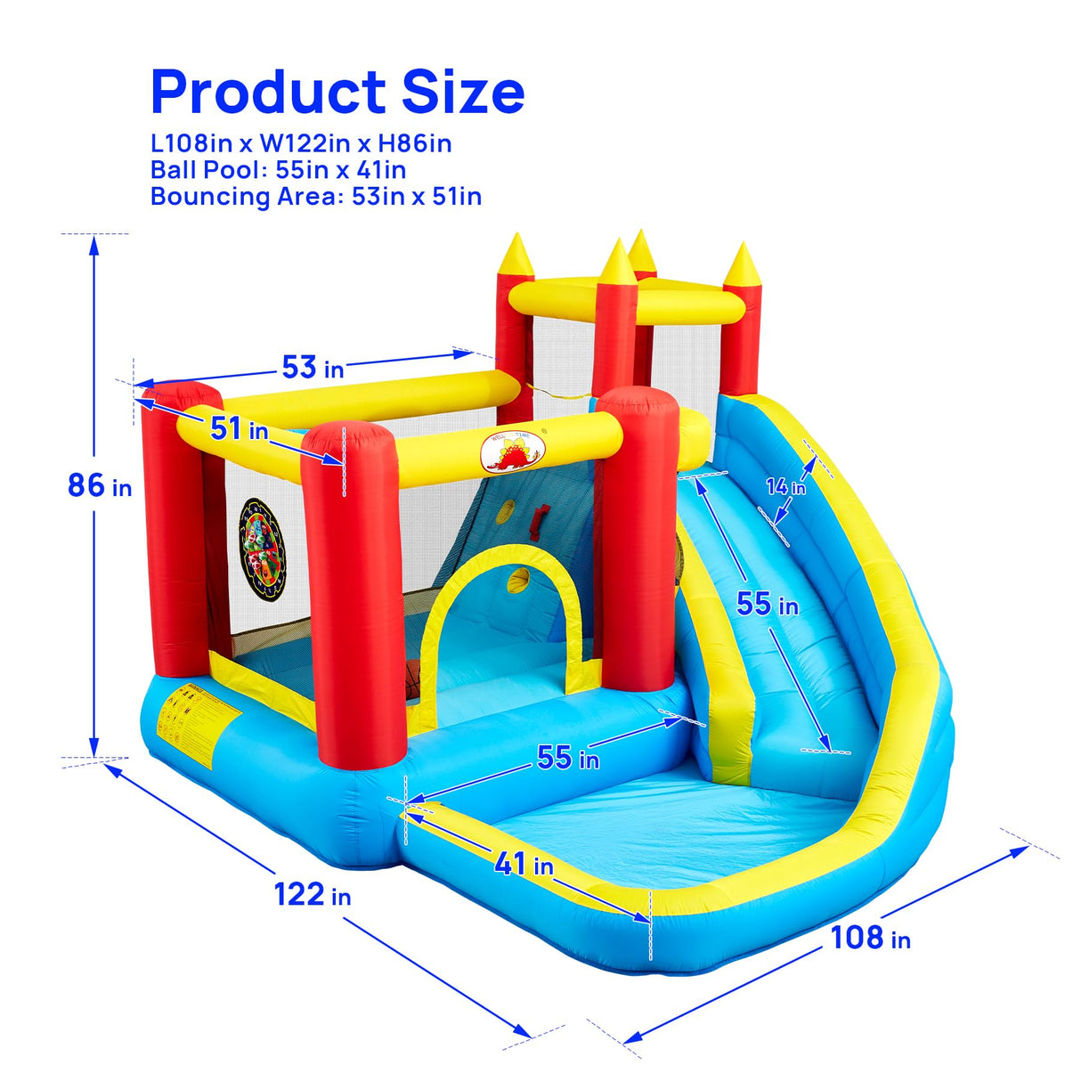 WELLFUNTIME Inflatable Bounce House with Slide, Jumping Castle with Blower, Climbing Wall, Dartboard, Basketball Hoop and 50 Ball Pit Balls, 108x122x86 Inch WELLFUNTIME
