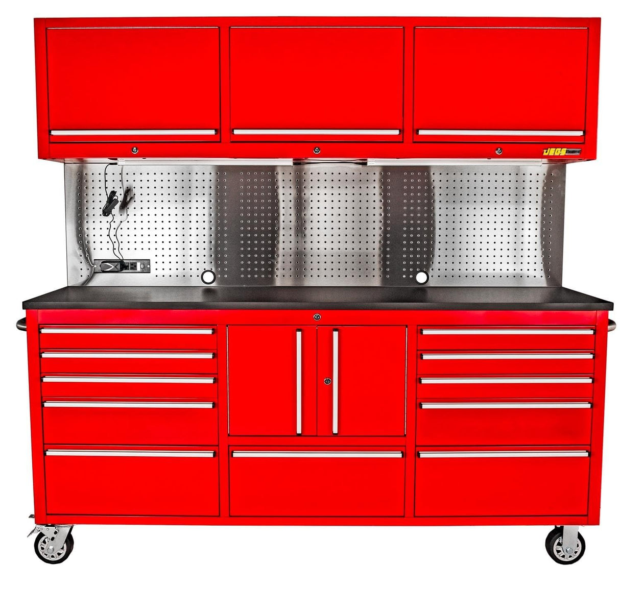 JEGS 72 in. 11-Drawer Rolling Tool Cabinet with Upper Storage [Red] JEGS