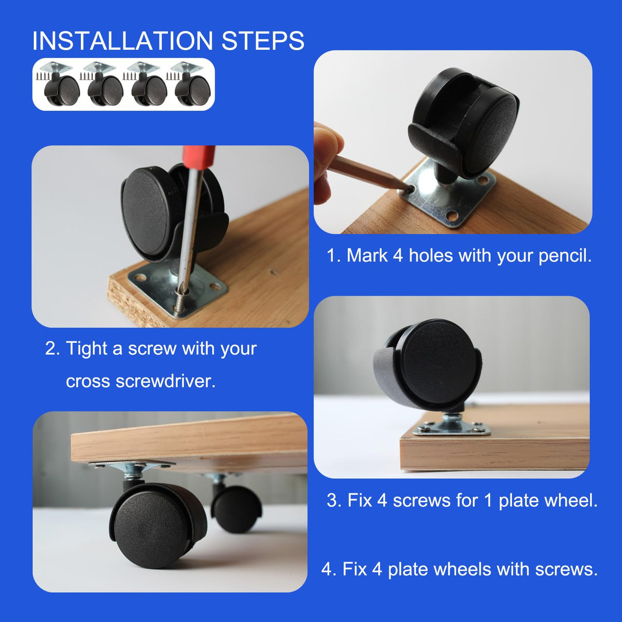 Dalyndar 1.5 Inch Furniture Caster Swivel Wheels Replacement Universal for Cart Desk Table Drawer Cabinet Wood Storage Box, Set of 4pcs Small Nylon Plate Castor Rollers with Stainless Steel Screws Dalyndar