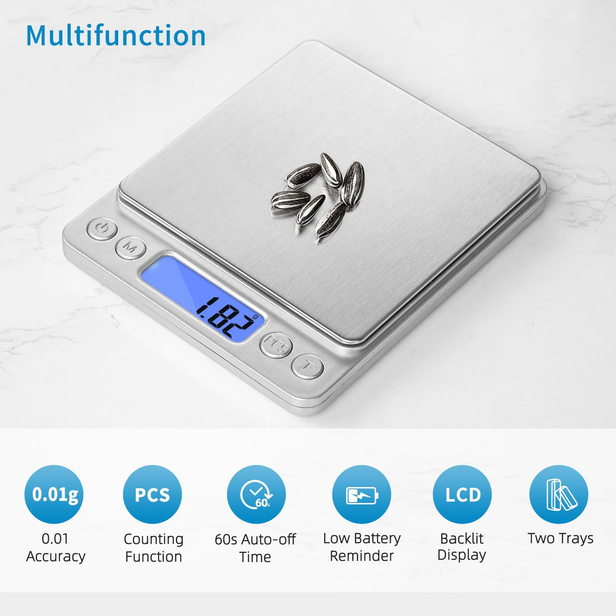 Toprime Digital Gram Scale 500g 0.01g Food Scale High Precision Kitchen Scale Multifunctional Stainless Steel Pocket Scale with Back-Lit LCD Display Tare PCS Features Silver toprime