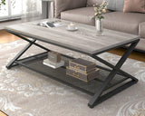 LVB Gray Coffee Table, Farmhouse Wood Metal Center Table with Storage for Living Room, Industrial Wooden 2 Tier Rectangle Cocktail Tea Table with Mesh Shelf for Office Bedroom, 47 inch, Light Grey Oak LVB