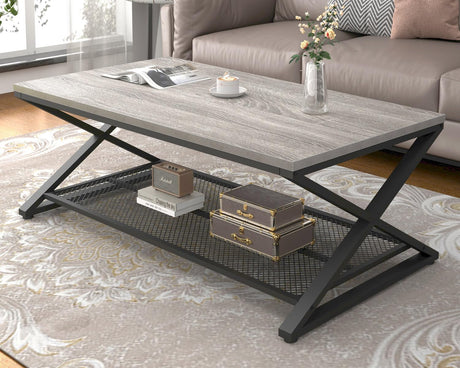 LVB Gray Coffee Table, Farmhouse Wood Metal Center Table with Storage for Living Room, Industrial Wooden 2 Tier Rectangle Cocktail Tea Table with Mesh Shelf for Office Bedroom, 47 inch, Light Grey Oak LVB
