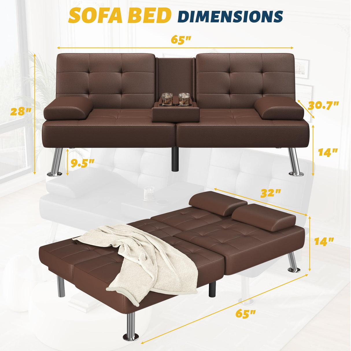 Furmax Futon Sofa Bed Adjustable Futon Couch Modern Sleeper Sofa Bed for Living Room, Business Office, Recliner Sofa with Cup Holders (PU Leather, Brown) Furmax