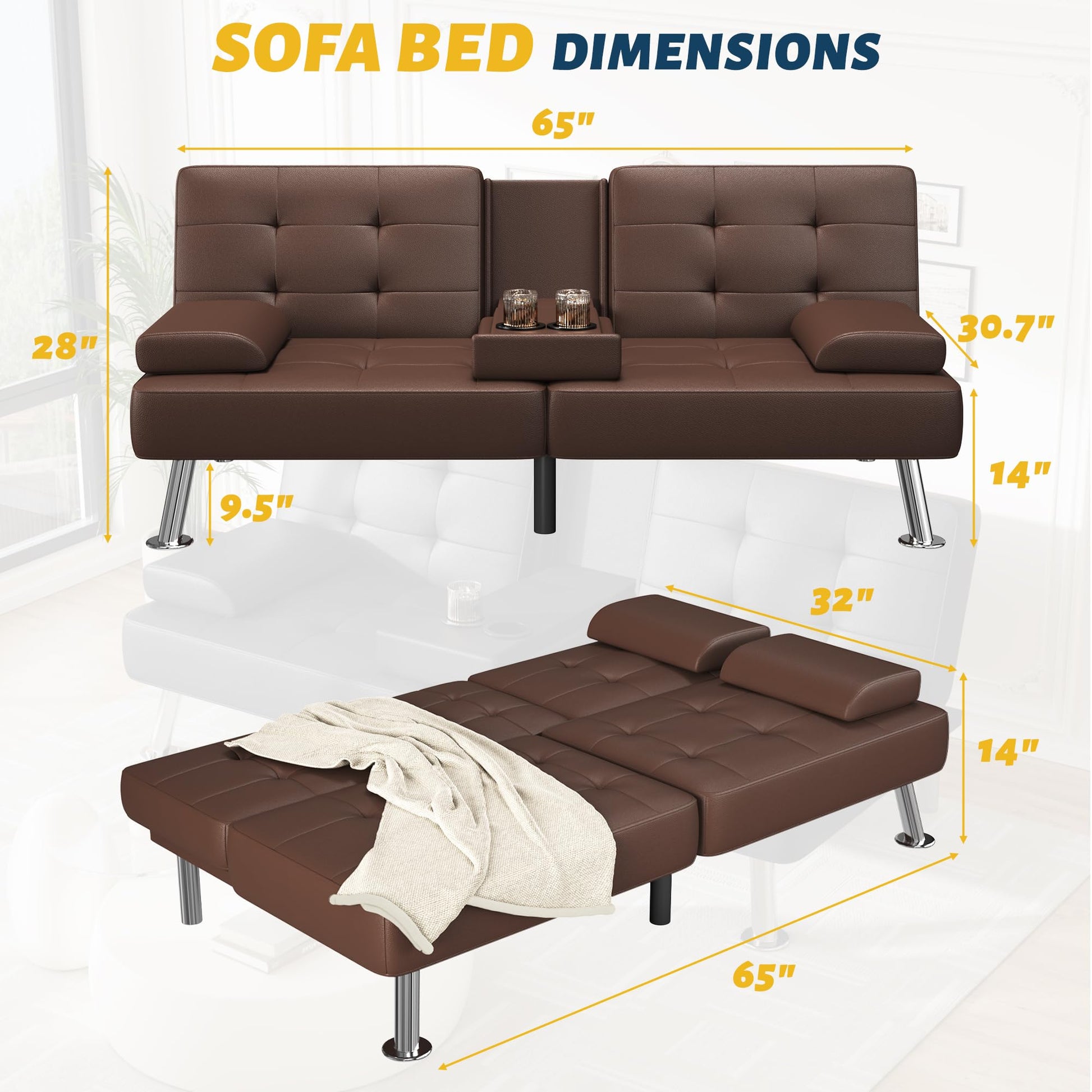 Furmax Futon Sofa Bed Adjustable Futon Couch Modern Sleeper Sofa Bed for Living Room, Business Office, Recliner Sofa with Cup Holders (PU Leather, Brown) - WoodArtSupply