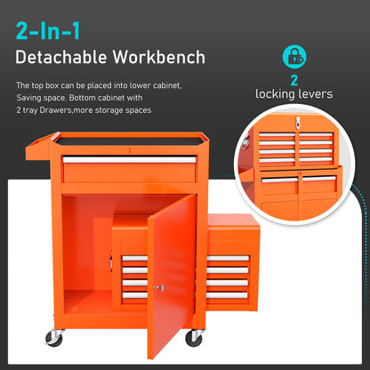 Greenvelly Metal Tool Chest,5-Drawer Rolling Tool Cart with Wheels,2 in 1 Detachable Tool Cabinets,Liners and Locking System for Warehouse, Garage,Workshop, Barbershop(Orange) - WoodArtSupply