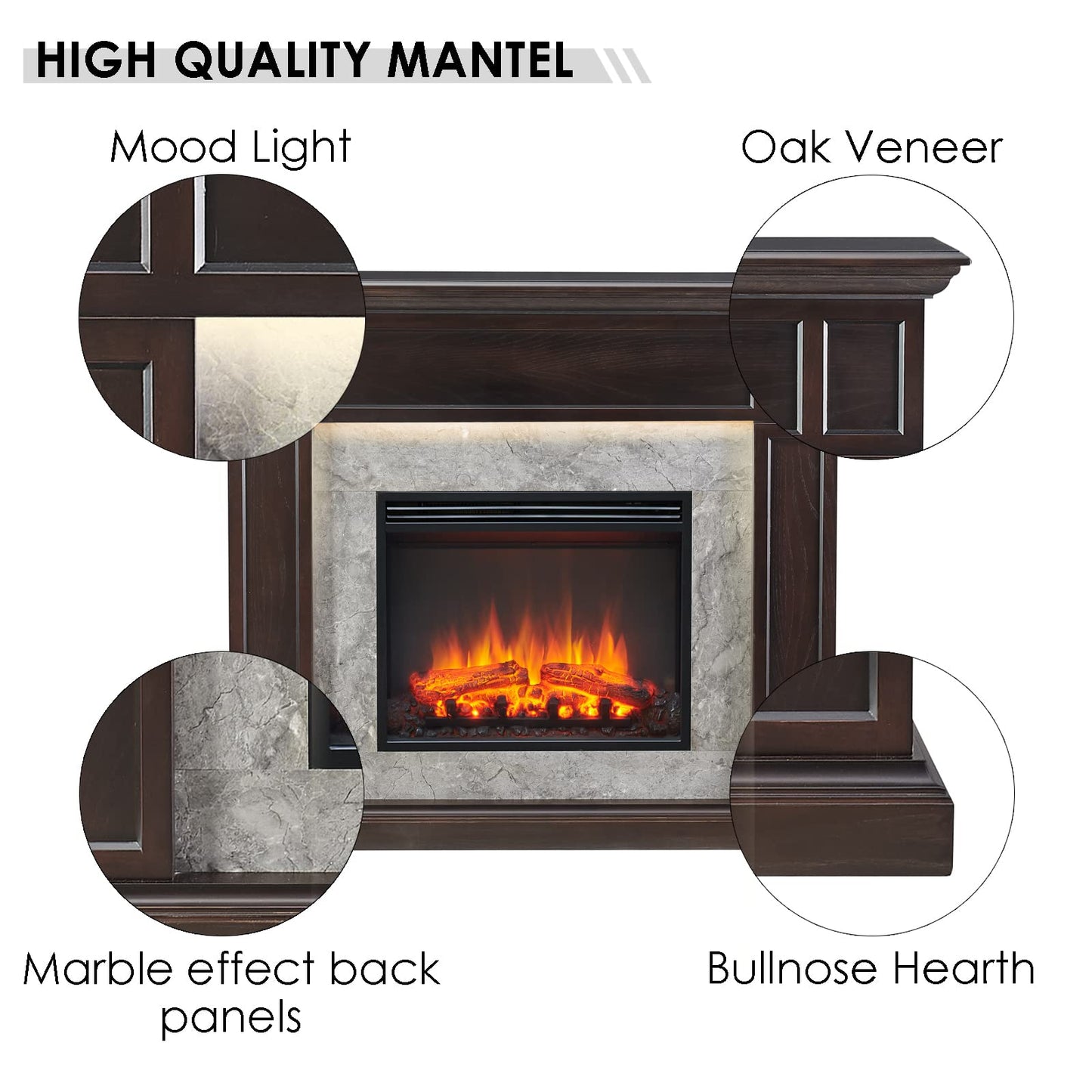 LegendFlame Fireplace Suite Sheraton, 48 Inch Mantel Surround, Espresso Oak with Light Grey Marble Finish, with 23 Inch Electric Fireplace Insert, 750W/1500W, Weekly Timer, Mood Light, Remote Control